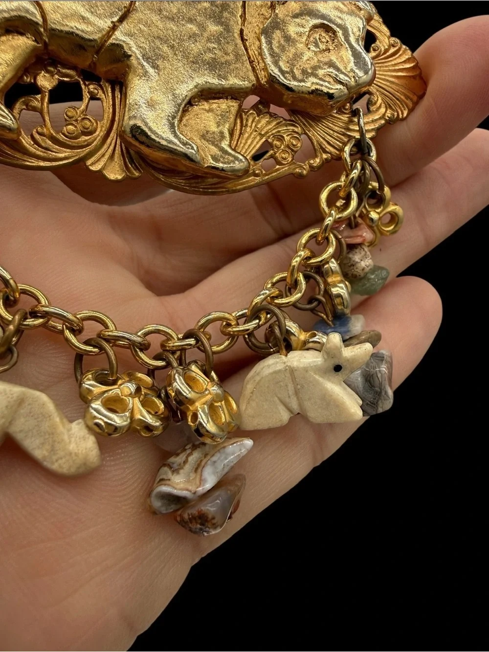 Vintage Roxsann Three Ladies Gold Bear Charm Brooch with Stone Animal Accents
